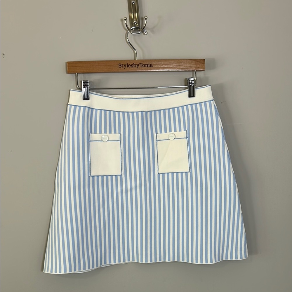 Sandro Paris Bleus Stripe print High rise Knitted Mini Skirt Pocket 42 US 10 NEW - Picture 5 of 13
